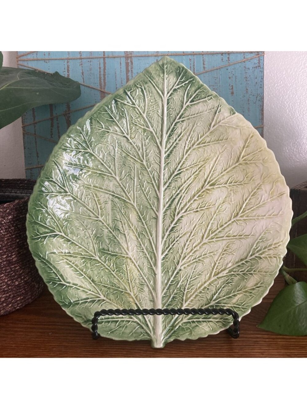 Antique Vintage French Majolica Plate Green Cabbage Leaf 11 x 10” READ